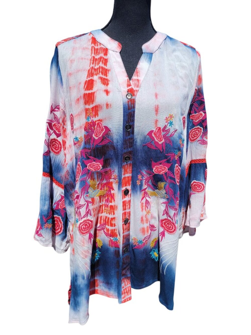 Calessa NWT Red White Blue Embroidered Floral Tunic Flow Blouse Women's Size XL
